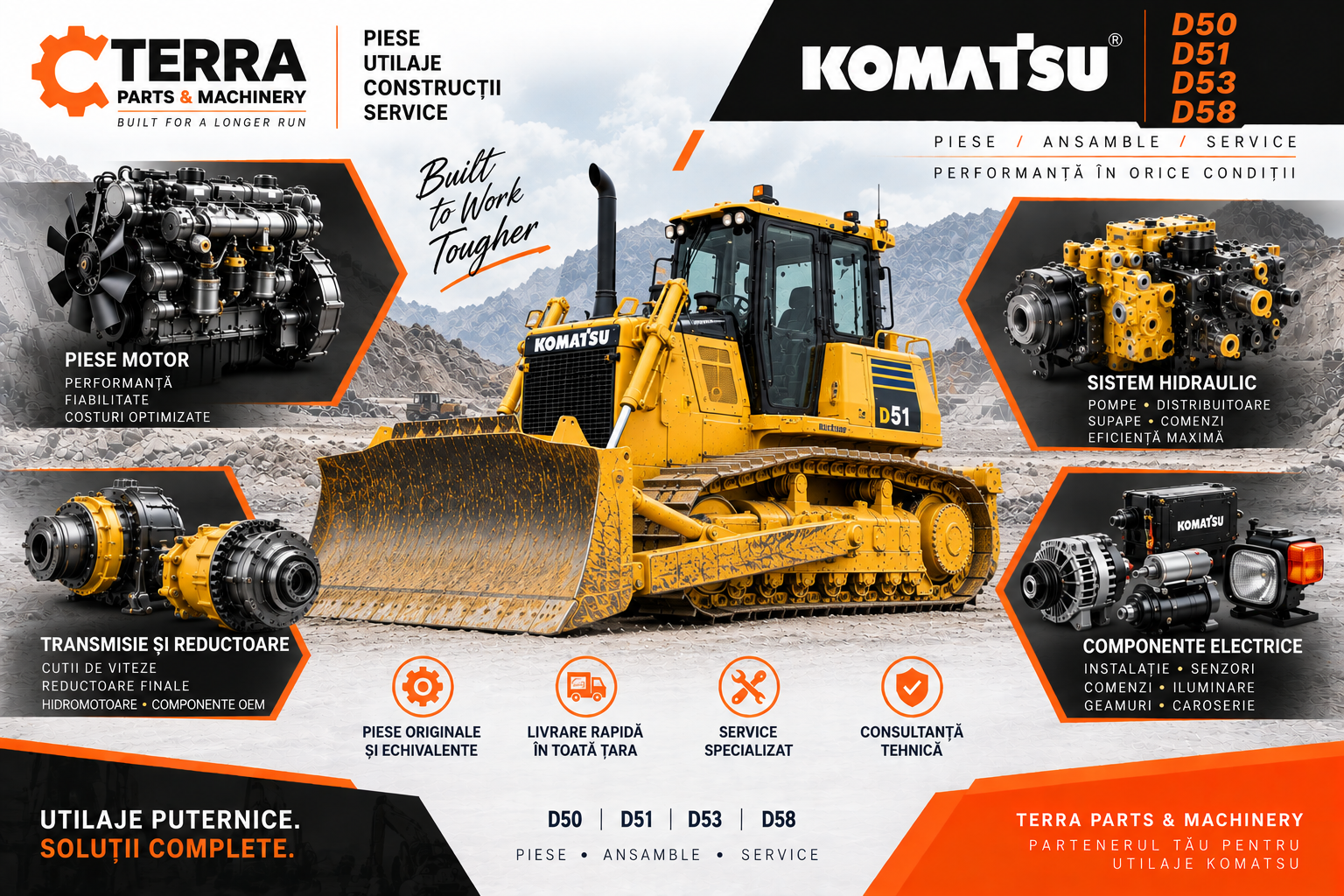 Piese buldozer Komatsu D50 D51 pentru motor, sistem hidraulic, transmisie și reductoare finale