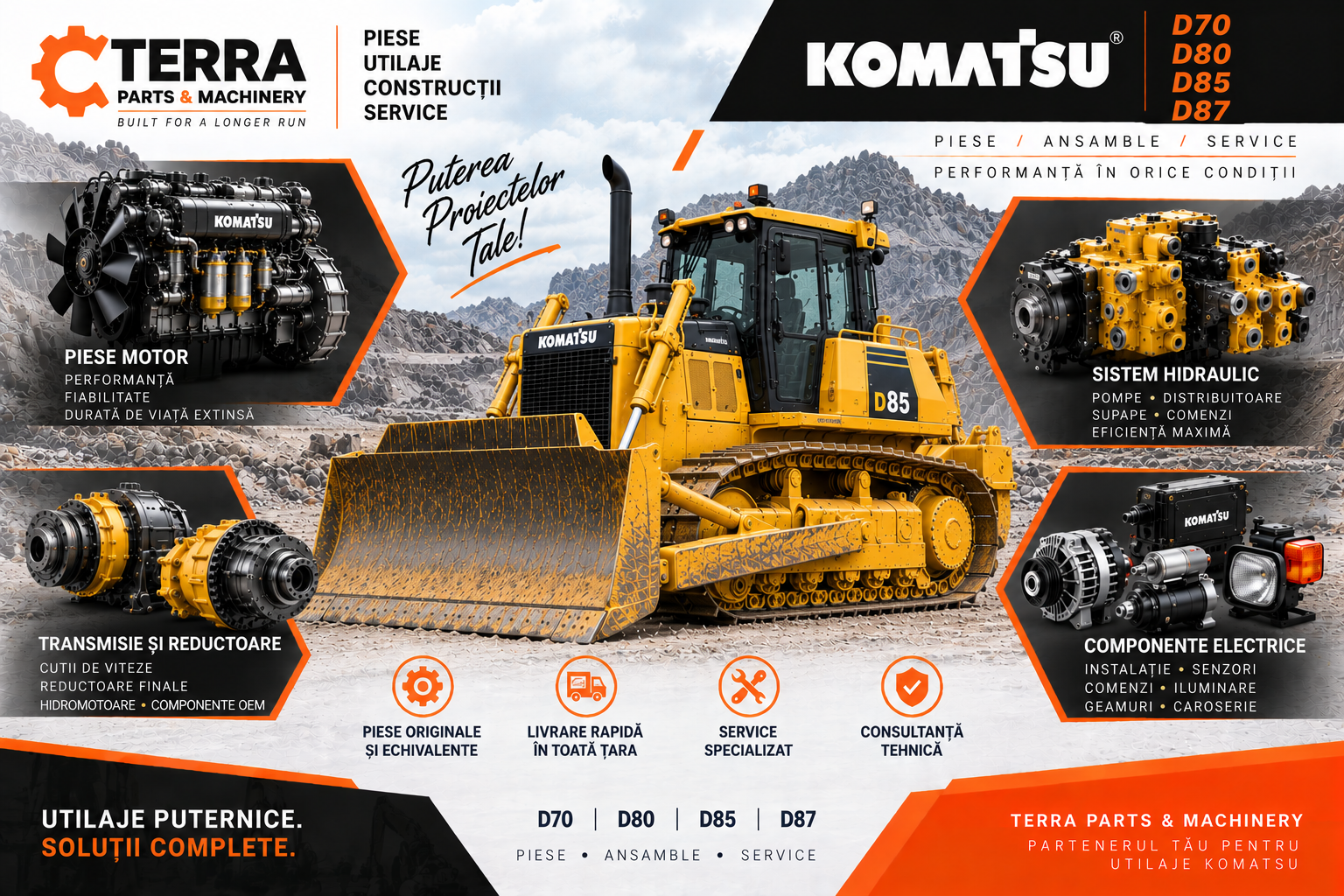 Piese buldozer Komatsu D70 D80 pentru motor, sistem hidraulic, transmisie și reductoare finale