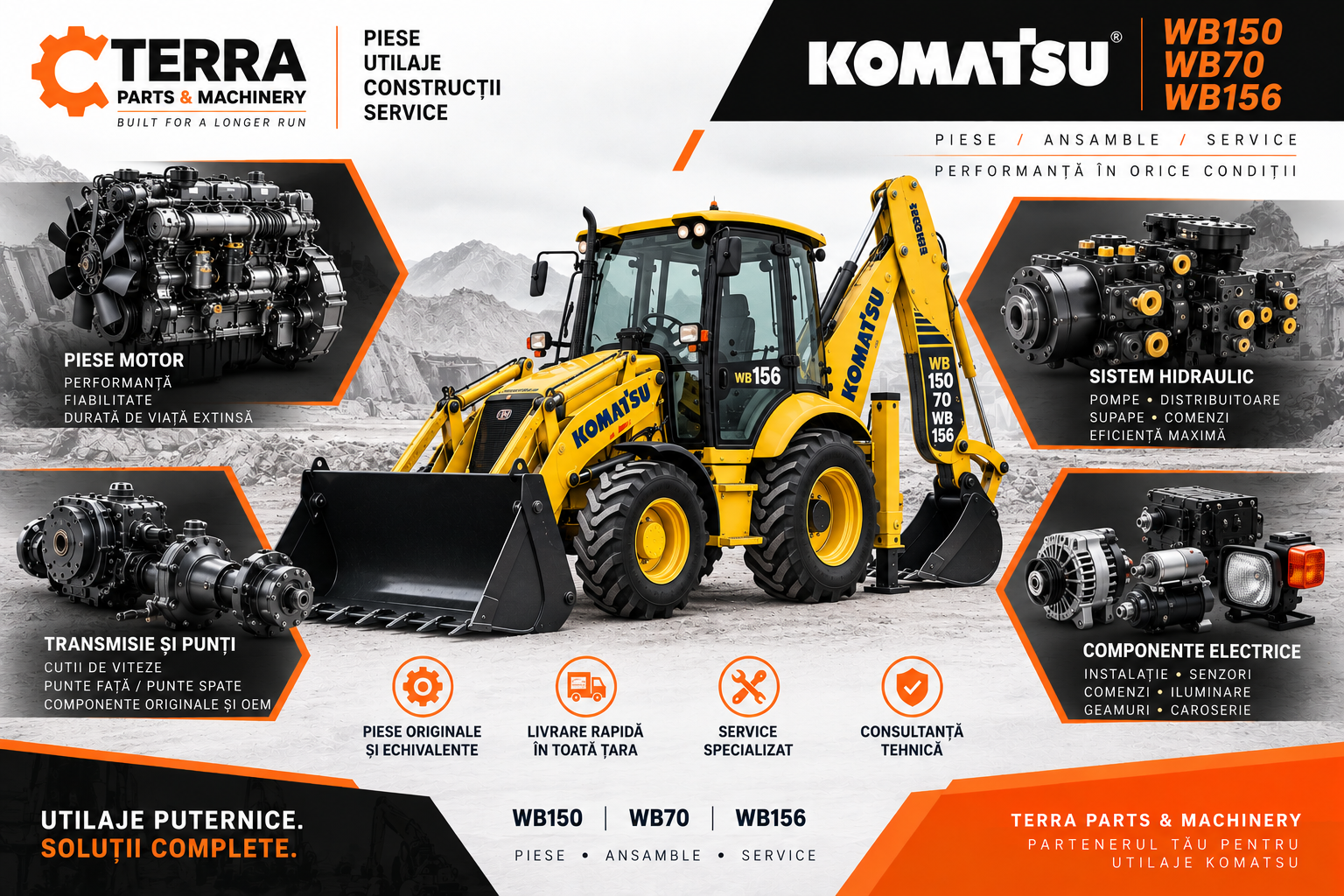 Piese buldoexcavator Komatsu WB150 pentru motor, sistem hidraulic, transmisie și punți