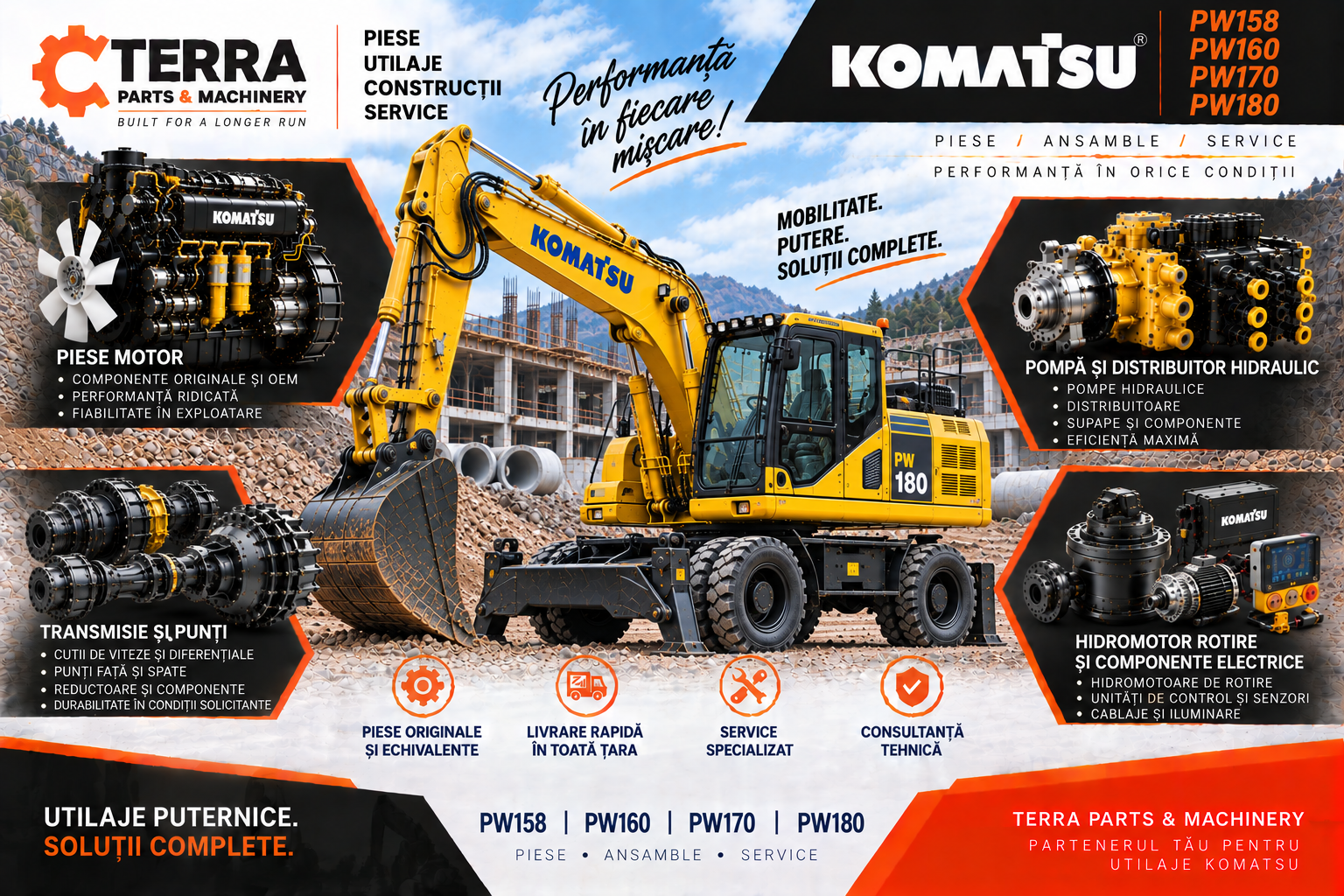 Piese Komatsu PW170 PW180 pentru pompe hidraulice, distribuitoare, reductoare și componente electrice