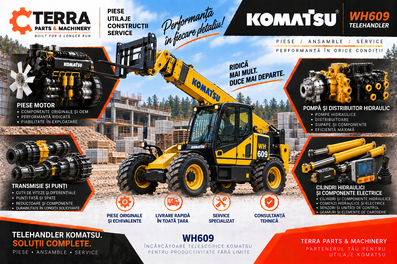 Piese încărcător telescopic Komatsu WH609 pentru motor, hidraulică, transmisie și punți