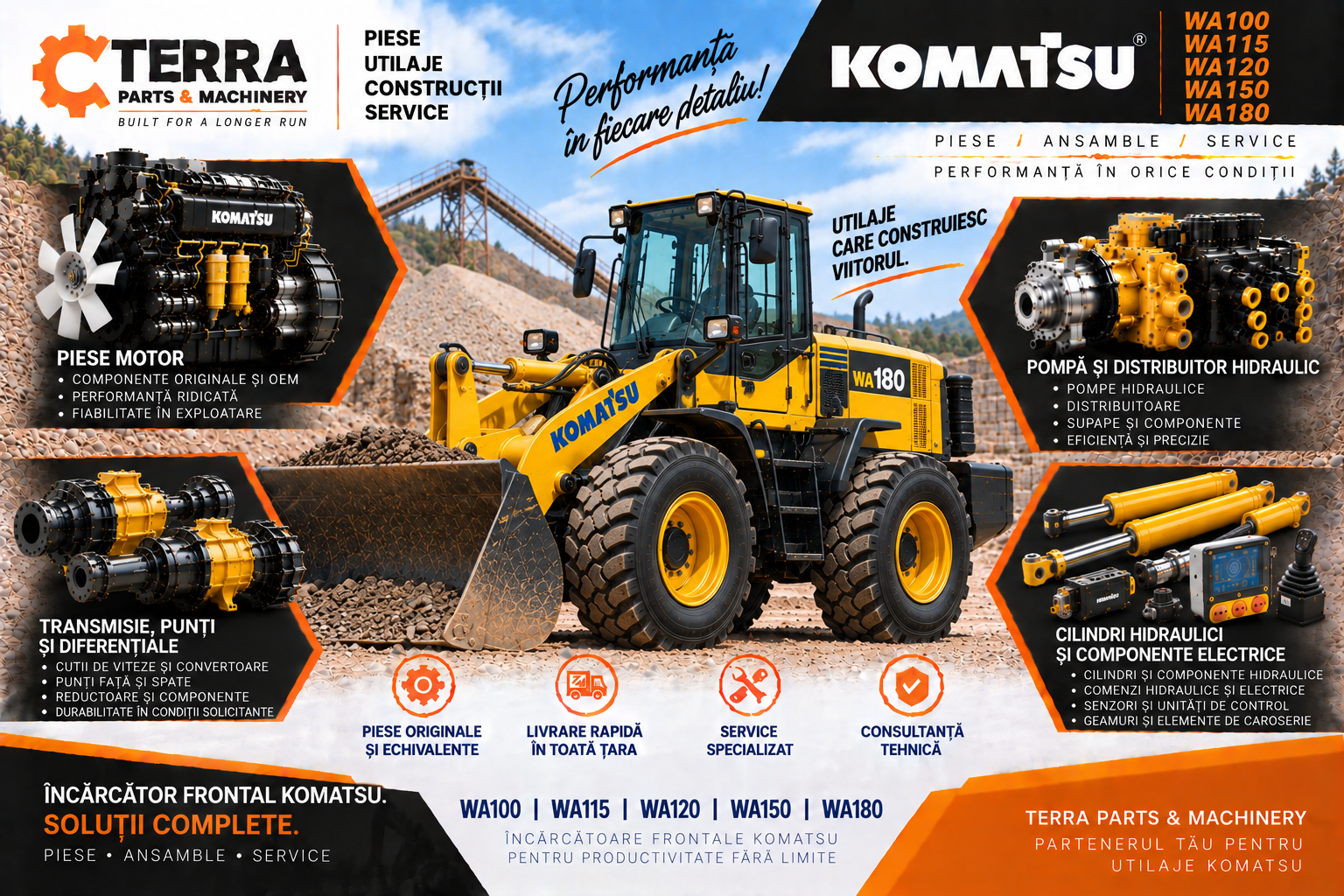 Piese încărcător frontal Komatsu WA100 WA115 pentru motor, hidraulică, transmisie și punți