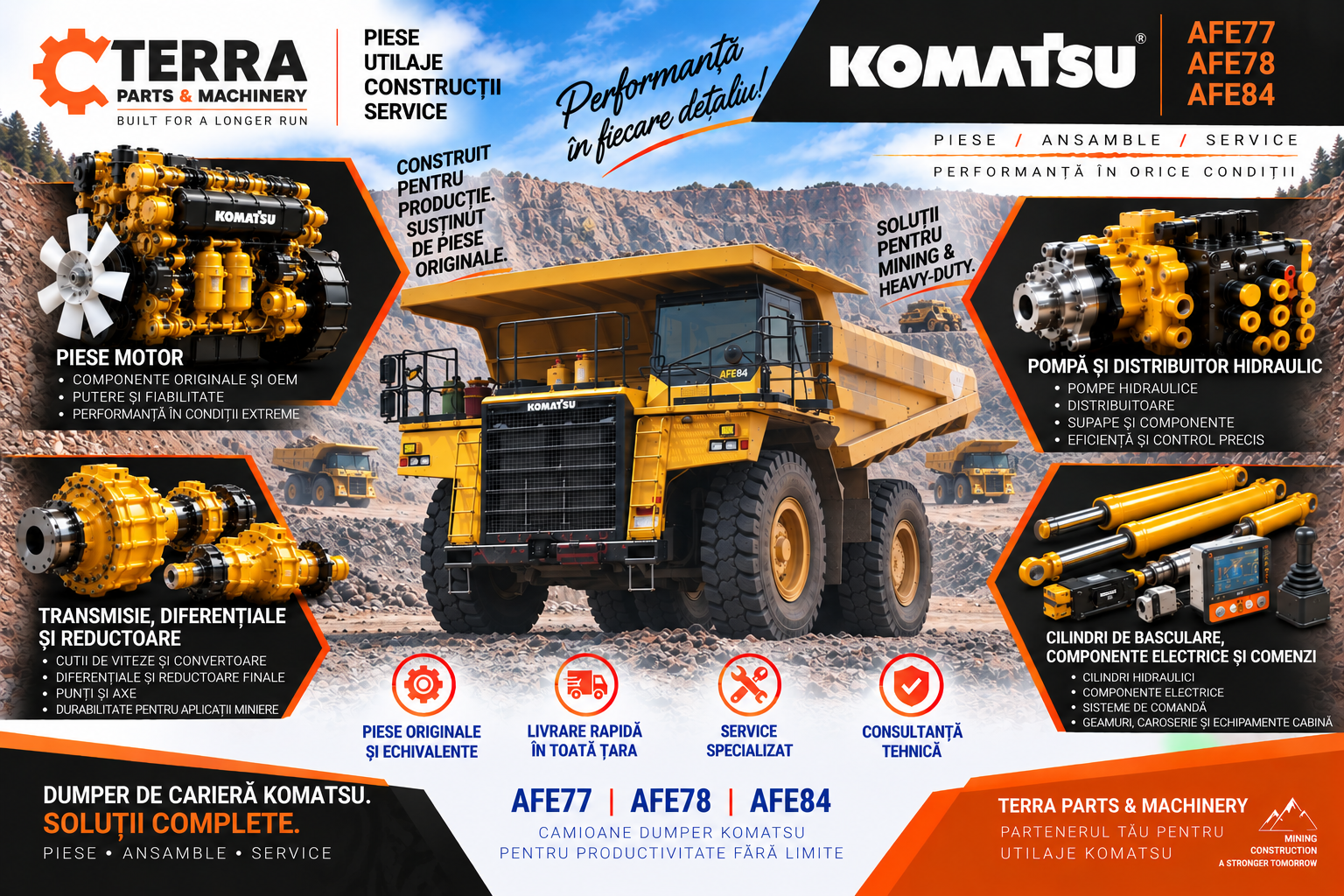 Piese dumper Komatsu AFE77 AFE78 pentru motor, hidraulică, transmisie și axe
