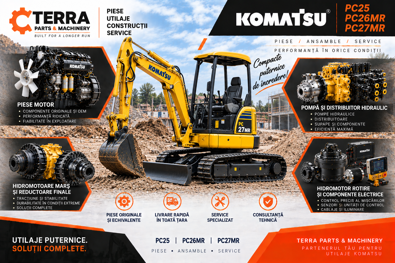 Piese miniexcavator Komatsu PC25 PC26MR pentru motor, pompe hidraulice, hidromotoare și reductoare