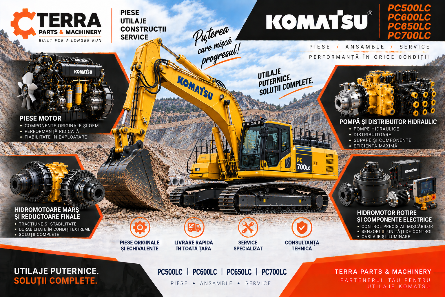 Piese excavator Komatsu PC500LC PC600LC pentru motor, pompe hidraulice, hidromotoare și reductoare finale