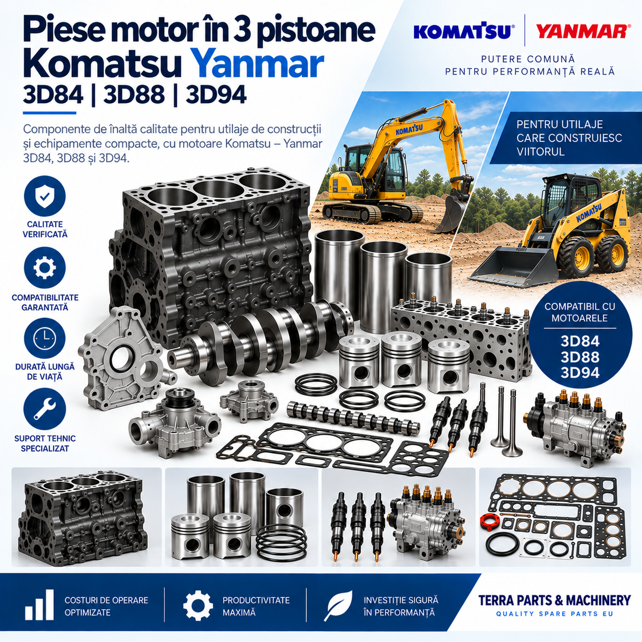 Piese motor Komatsu Yanmar 3D84 3D88 și 3D94 pentru utilaje de construcții