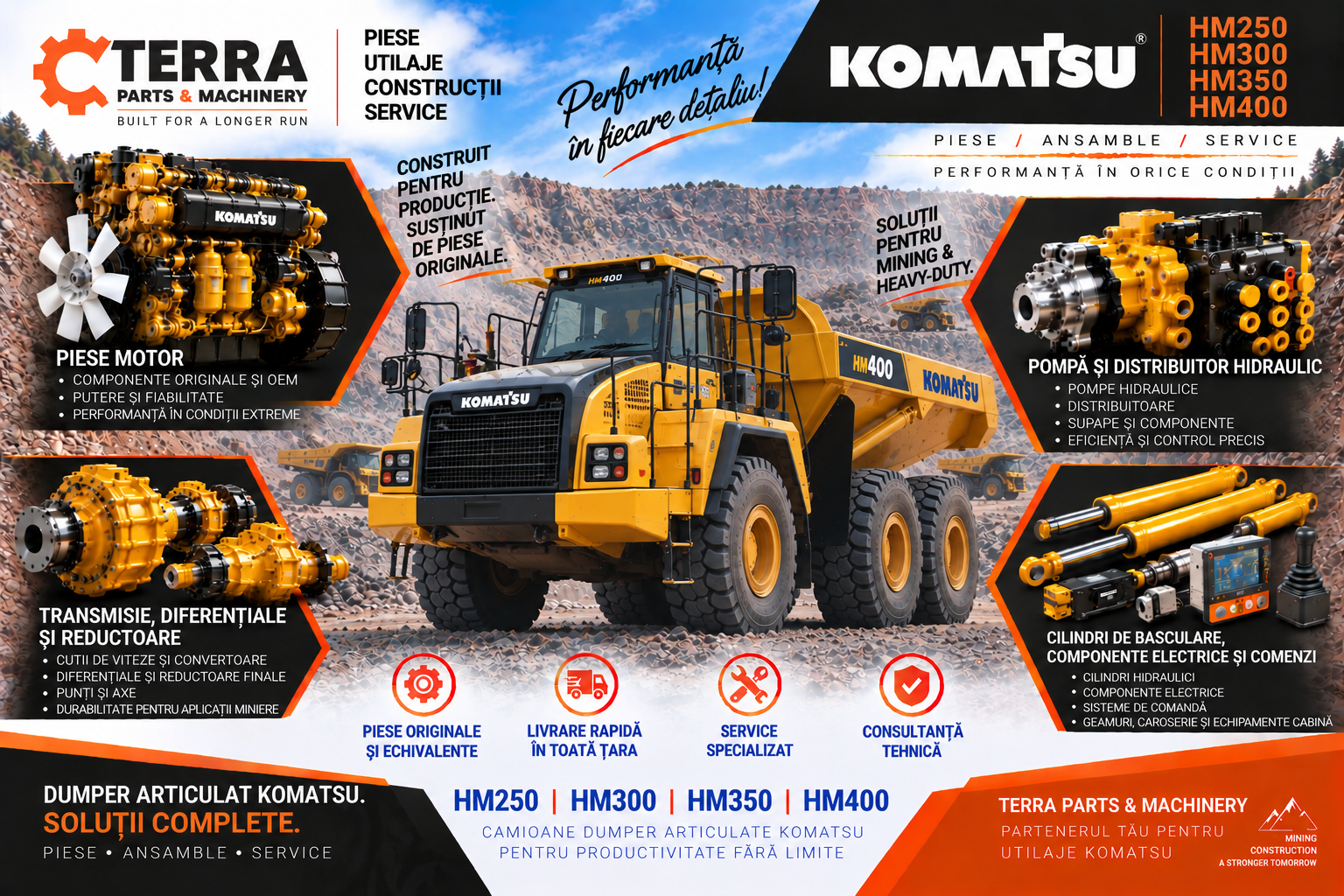 Piese dumper articulat Komatsu HM250 HM300 pentru motor, hidraulică, transmisie și axe