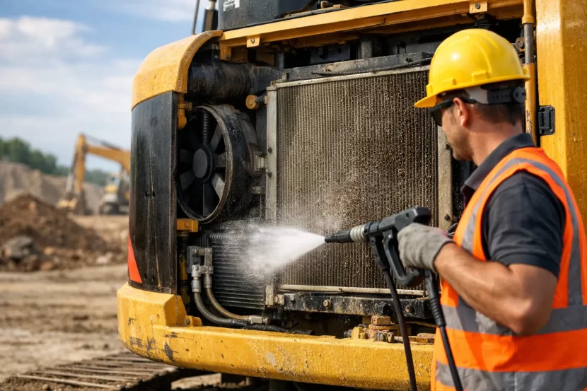 Curățare radiator utilaj pe șantier corectă