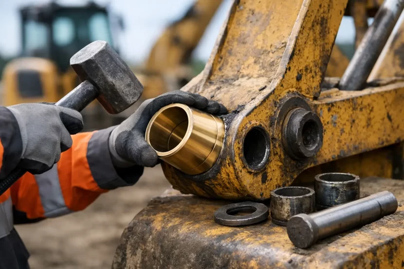 Înlocuire bucșe braț excavator în siguranță
